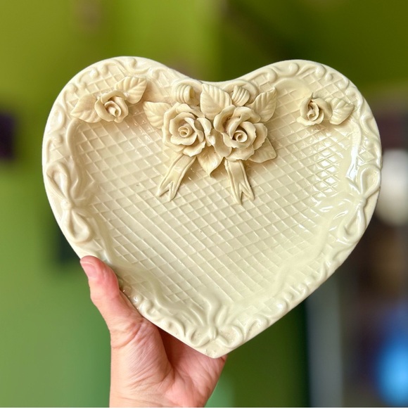 Other - VTG 3D Porcelain Florals On Heart Shaped Lattice Dish Decorative Bowl Art